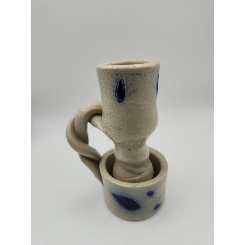 Vintage Hand-Carved Williamsburg Pottery Cobalt Salt Glazed Candle Holder 4"